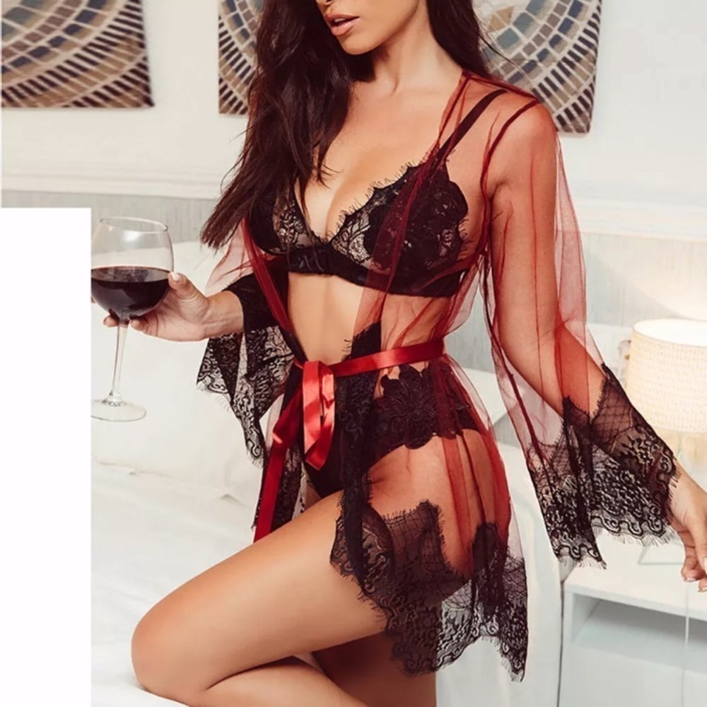 NWT❤️Lace Trim Sheer Lingerie Ribbon Robe Black